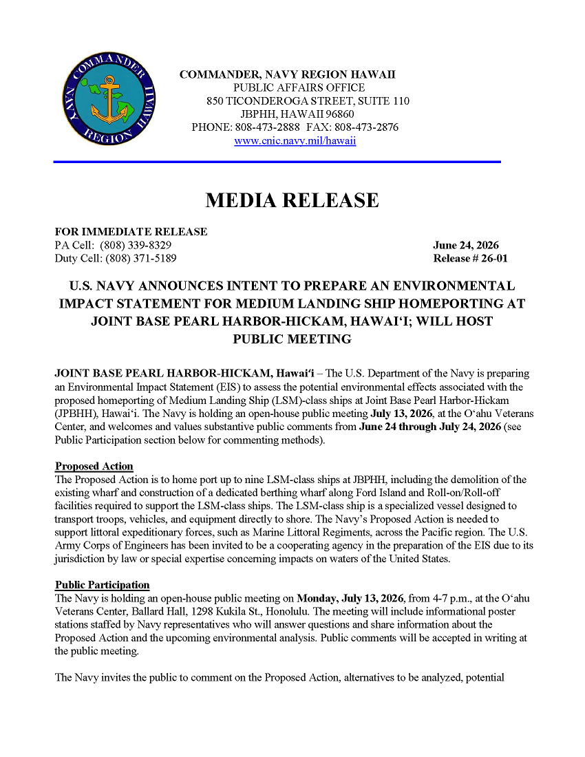 This is an image of the cover page of the Medium Landing Ship Homeporting Environmental Impact Statement project press release.