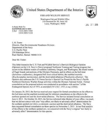 United States Fish and Wildlife Service Biological Opinion for Northwest Testing and Training Activities (July 2016)