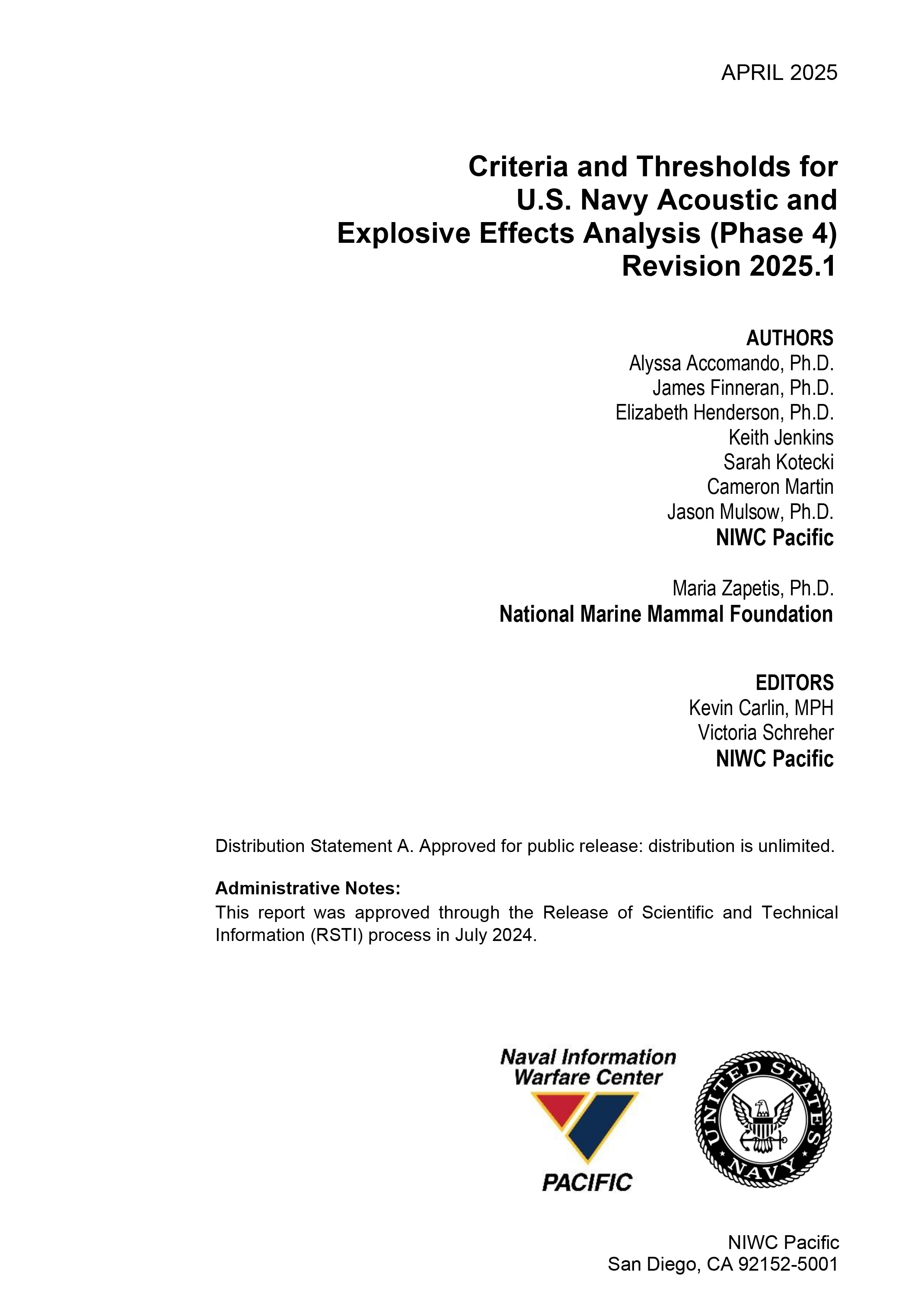 Phase 4 Explosive and Acoustic Criteria…: “Criteria and Thresholds for U.S. Navy Acoustic and Explosive Effects Analysis (Phase 4) (April 2025)”