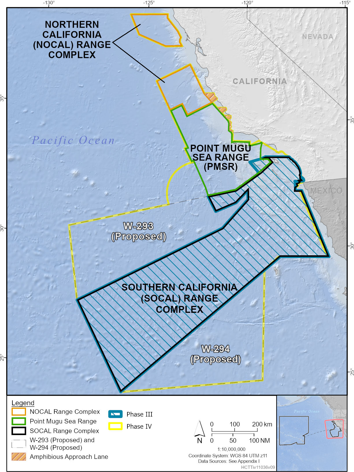This is an image of a map showing the changes to the California Operating Area from the 2018 Hawaii-Southern California Training and Testing Study Area (Phase III analysis) to the new Hawaii-California Training and Testing Study Area (Phase IV analysis). The figure shows the Northern California Range Complex, Point Mugu Sea Range, Southern California Range Complex, the proposed W-293 and the proposed W-294, and amphibious approach lanes.