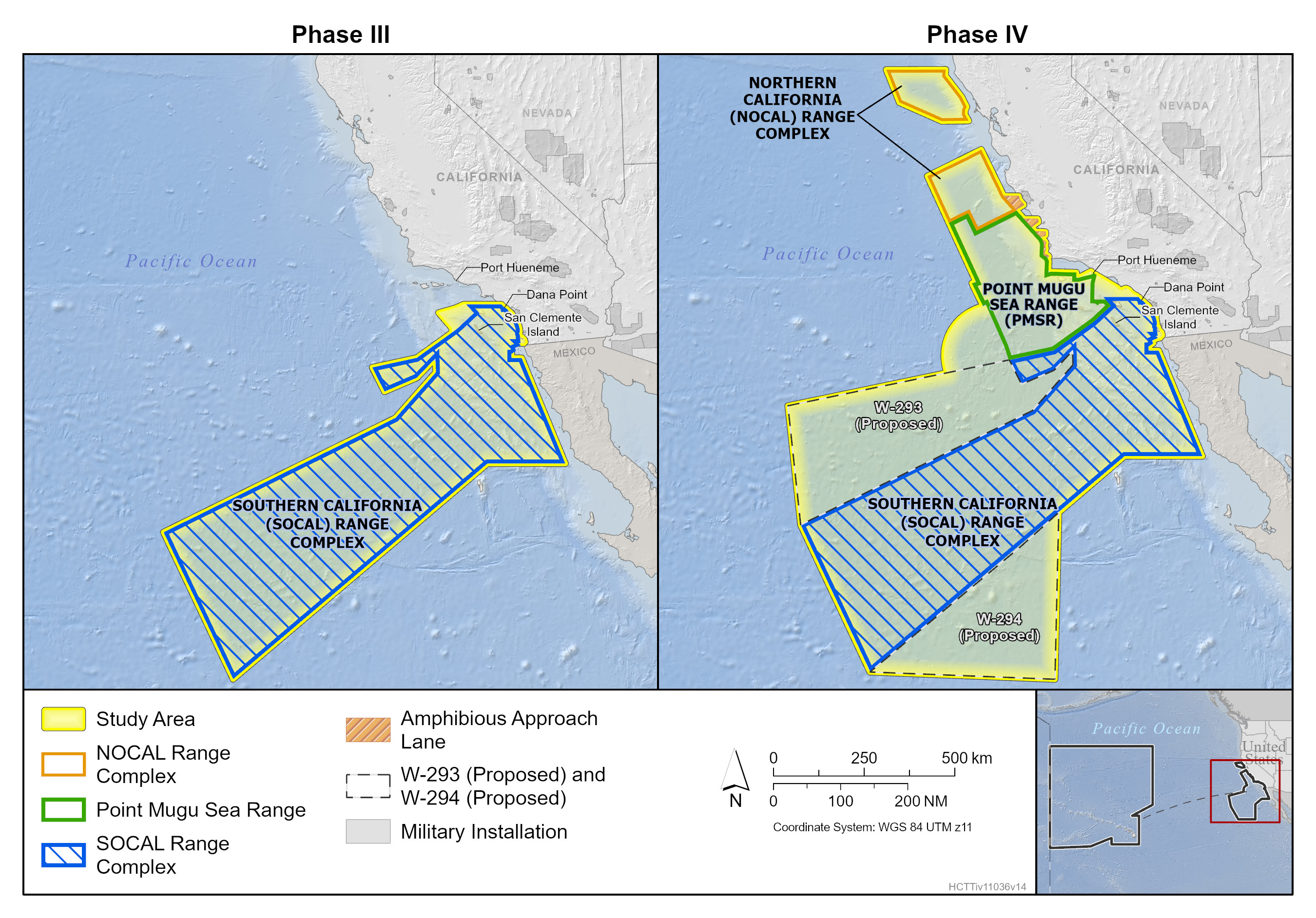 This is an image of a map showing the changes to the California Study Area from the 2018 Hawaii-Southern California Training and Testing Study Area (Phase III analysis) to the Hawaii-California Training and Testing Study Area (Phase IV analysis). The figure shows the Northern California Range Complex, Point Mugu Sea Range, Southern California Range Complex, the proposed Warning Area-293 and the proposed Warning Area-294, and amphibious approach lanes.