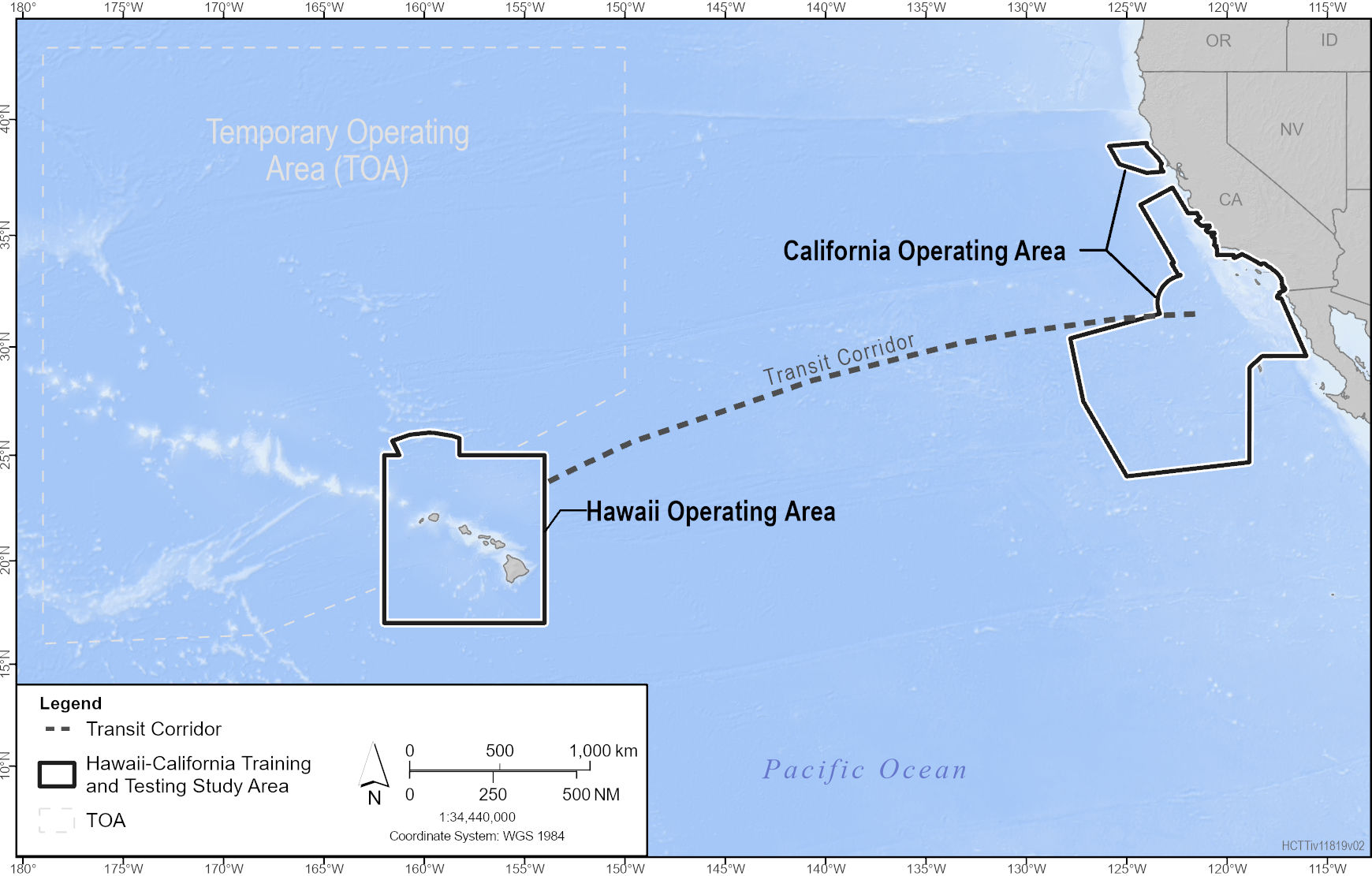 This is an image of a map providing an overview of the Hawaii-California Training and Testing Study Area. The map is showing the Hawaii Operating Area and Temporary Operating Area, the California Operating Area, and the transit corridor connecting the two.